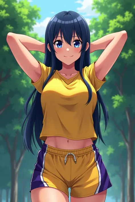 A shy anime girl in lakers uniform yellow, shorts yellow, navel, t-shirt, abs, strong abs, muscule female, trees background, arms behind head, shy smile, princess cut, long hair, hair blue dark, blue eyes, sexy pose 