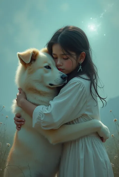 A teenager hugging a dog that is already in heaven 