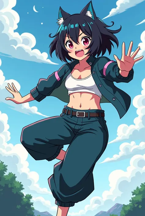 Boku no hero academia
comics panel of a female . she has Wolf cut   hair Black color with blue edges.She has a black star tattoo under her left eye.  , and red  eyes she is a hero, she is
wearing a A cut-off blouse with exposed belly and loose wide pants  ...