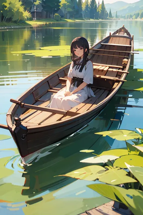 ((Best quality)), ((masterpiece)), Girl in a boat on the lake shore 