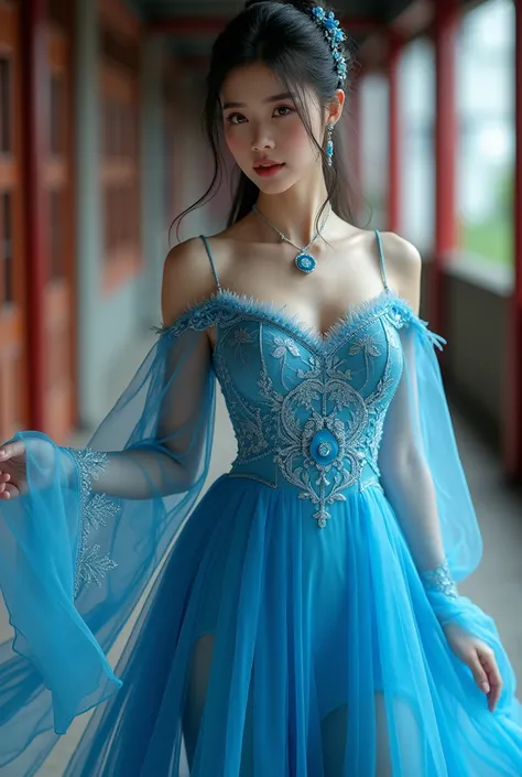 Woman in chines sulan blue  dress and on his big boobs in school 