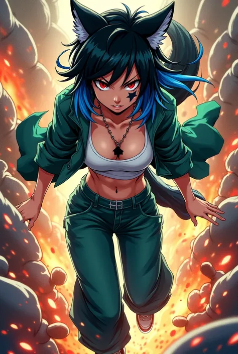 Boku no hero academia
comics panel of a female . she has Wolf cut   hair Black color with blue edges.She has a black star tattoo under her left eye.  , and red  eyes she is a hero, she is
wearing a A cut-off blouse with exposed belly and loose wide pants  ...