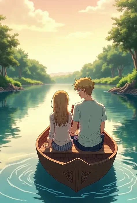 A couple on a boat looking at a river, the blond man in anime version