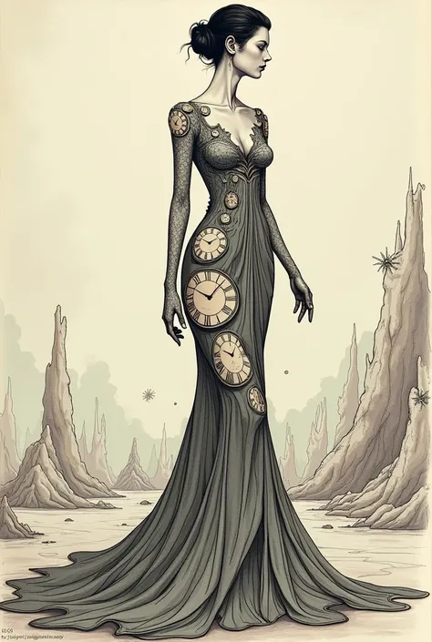 Generate a sketch of a dress inspired by Salvador Dali&#39;s painting of clocks