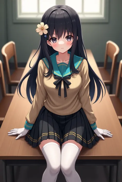 Girl,Raven haired,White skin,dark gray eyes, sines cup E, schoolgirl uniform, white full body stockings, black skirt with gold details, beige school sweater,bow on turquoise blue school shirt, White shoes, white gloves,long round table background,several c...