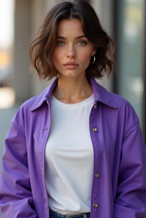 Woman with short brown hair wearing a white t-shirt and a purple jacket 