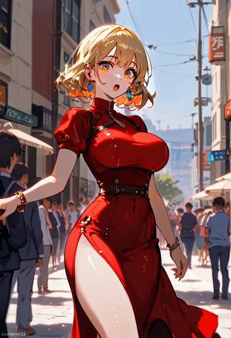 score_9, score_8, score_7_up, looking at the viewer, contrasting colors, a vibrant anime scene of a shocked woman, standing in the middle of a public crowded street, surrounded by big skyscrapers and a big crowd.

She is wearing a tight dress, that highlig...