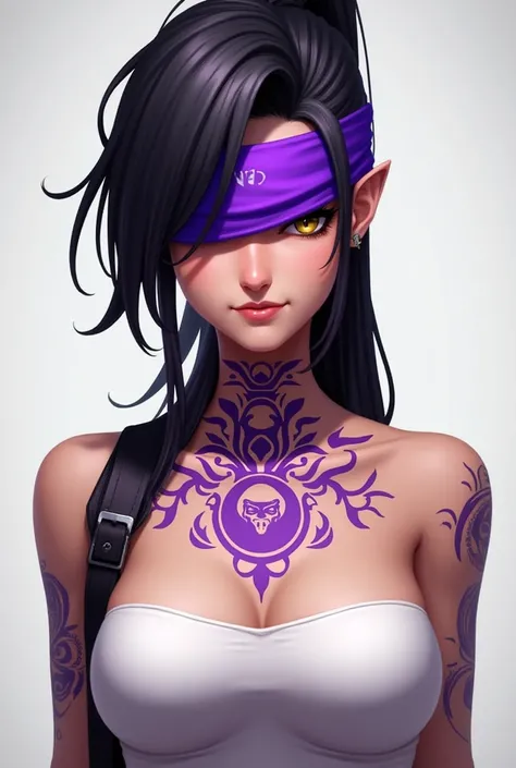 My free fire character has black hair and a ponytail, with a purple bandana over his eyes, purple tattoo, on the chest and white strapless top  