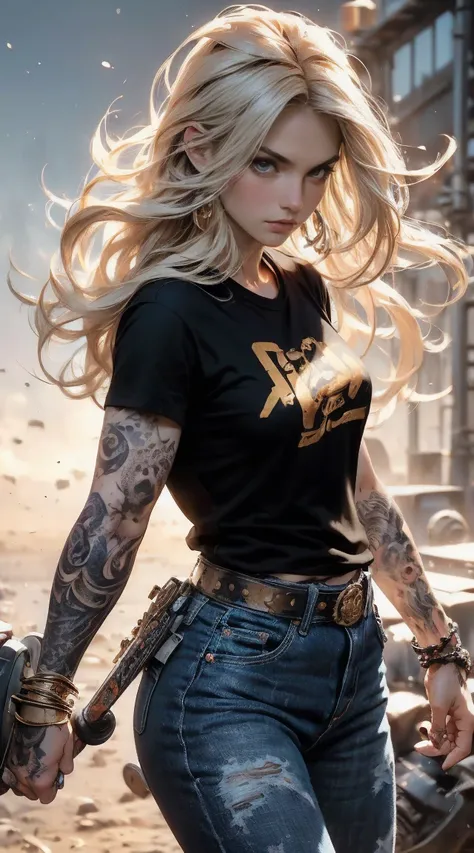 masterpiece, Cowboy shot, (1woman), (golden hairs), (Black tshirt:1.2), (beautiful blue eyes), (tribal tattoo on hands), White, Orange and Blue colors, Foggy background, Graceful pose, (looking at viewer), (front view), (from sky), (bokeh:1.2)