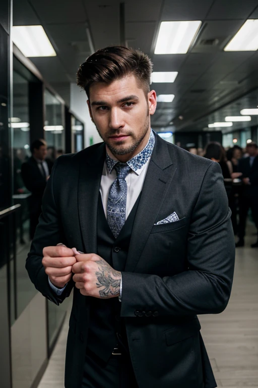 Best Quality,4k,8k,High resolution,masterpiece:1.2),ultra detailed man,  manly, photo realistic, handsome man, attractive expression, tattooed, business outfit