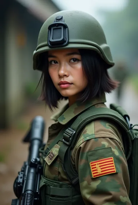 realistic photography. beautiful young Indonesian woman with short shoulder length hair. masterpiece, best quality
head,heckler_&_koch,helmet,Holding_Gun,Holding_arma,Military,Exercise_bblurry,multiple_girls,multiple_Girls,Photo_(mediating),Realistic,soldi...