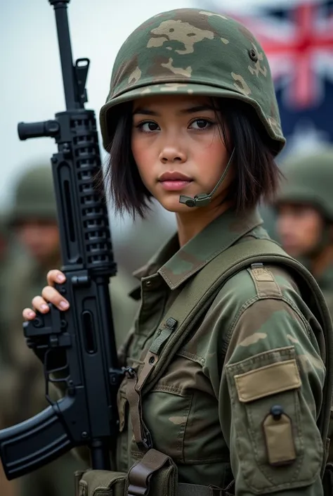 realistic photography. beautiful young Indonesian woman with short shoulder length hair. masterpiece, best quality Australian flag
head,heckler_&_koch,helmet,Holding_Gun,Holding_arma,Military,Exercise_bblurry,multiple_girls,multiple_Girls,Photo_(mediating)...