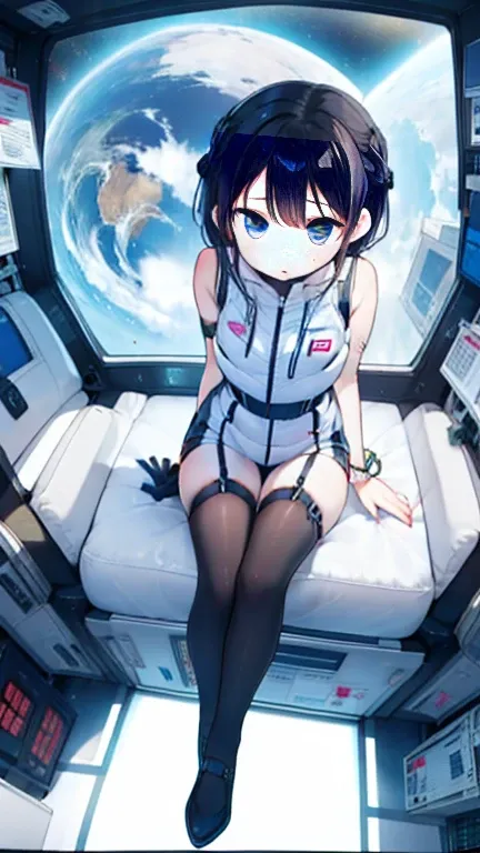 (Highest quality), (masterpiece), 1080P, High resolution, 4K, 8k, Inside the space station、Futuristic room、Thigh straps, Shooting from directly below, The woman on top of me, 白いSweat, Covered , Sweat, Woman looking down, Skirt swimsuit, Thigh-high socks, T...