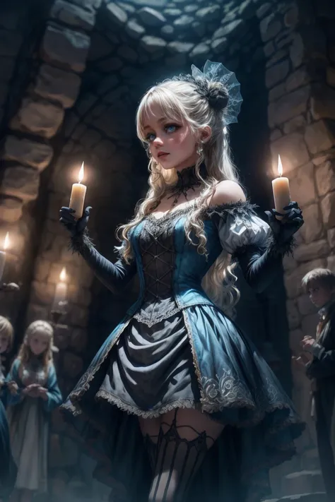 illustration of  Virginia Otis blonde hair blue eyes youngest cute face, from the Canterville Ghost, furtively observing a group of followers of the Goddess Freia who are celebrating a forbidden ritual inside a mysterious cave. We are sure that only a tale...