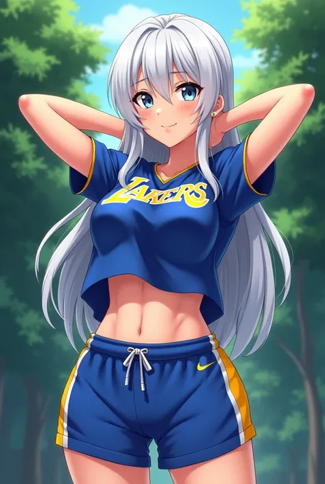 A shy anime girl in lakers uniform blue, shorts blue, navel, t-shirt, abs, strong abs, muscule female, trees background, arms behind head, shy smile, princess cut, long hair, hair white, white eyes, sexy pose, big breasts