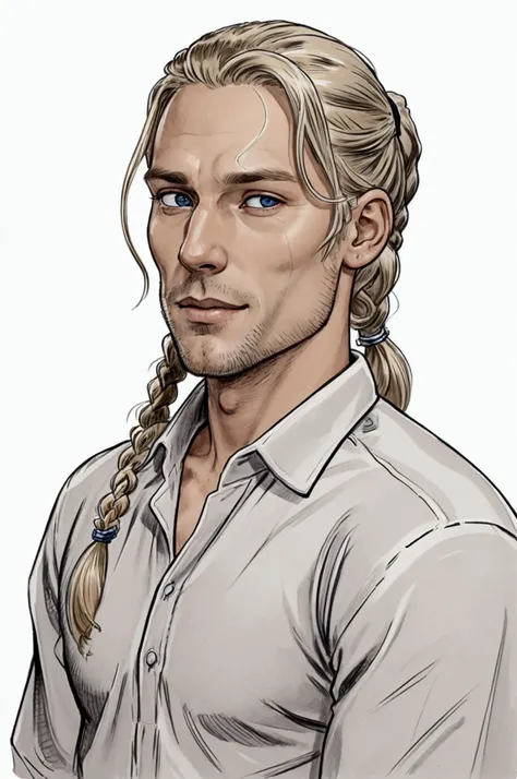 8k, super detail, best quality спрайт male, 30 years old, medium height, with a slim build, which is hidden under loose clothing. He has long blond hair, which he often braids or simply puts up in a ponytail. His skin is pale, with a slight tinge of fatigu...