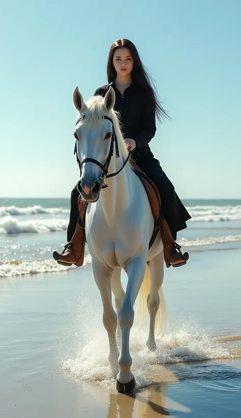 (photorealism:1.2), The girl is riding a white horse along the shore of a beach. The horse is walking through the water, and the waves of the sea gently crash near them. The girl has an oval face with defined cheekbones and a soft jawline. Her eyes are lar...