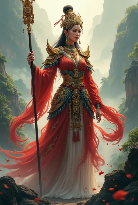 Draw me a goddess of war wearing a costume that is typical of Vietnam.