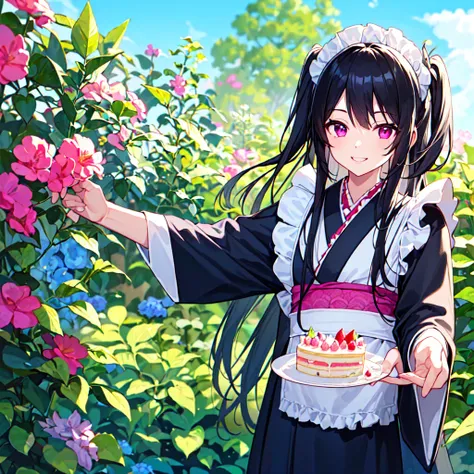 masterpiece, best quality, high quality, extremely detailed, very delicate and beautiful, (1 female 1 alone solo:1.5), (two side up long black hair:1.5), bangs to eyebrows, eyes Eyebrows are glossy, (eye color: magenta:1.3), 6.5 head height, (Kimono summer...