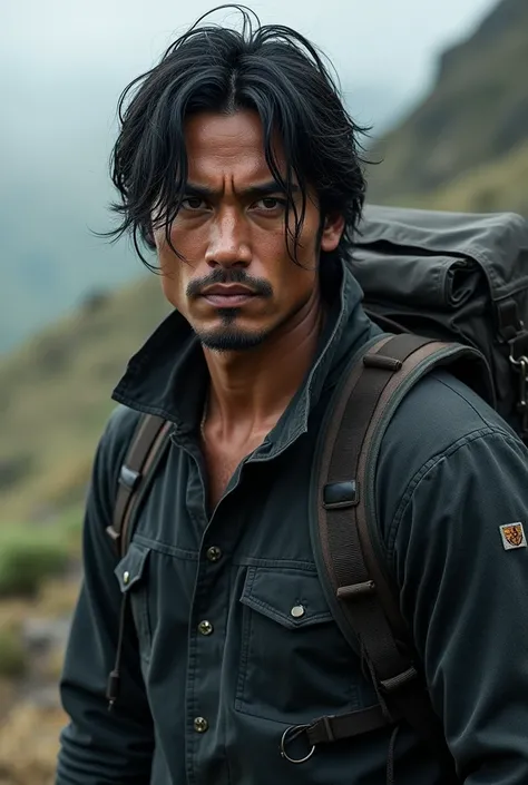 A man with medium length black hair, face has no beard and dark eyes, serious face, and black adventure clothing.