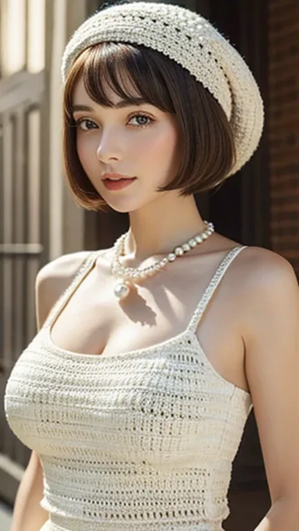 Short-haired bob cut、long pearl necklace、Crochet Hat、One beautiful woman、The background is the 20th century