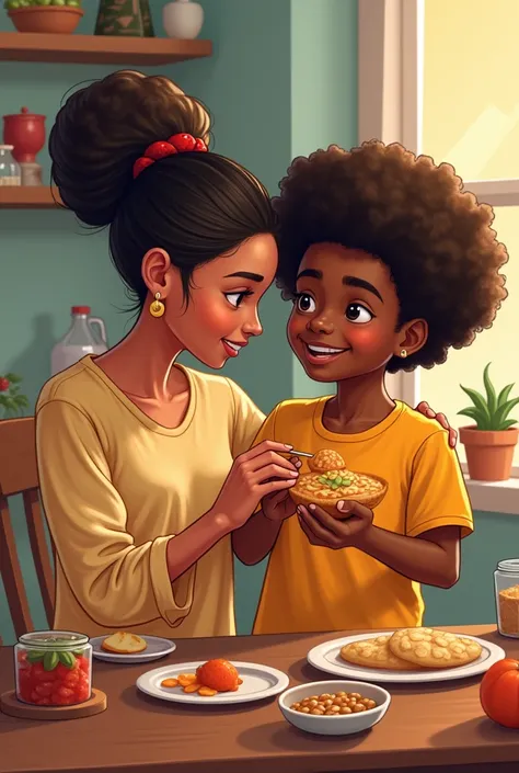 A woman feeding a teenage African-American male with a comic-style afro at home