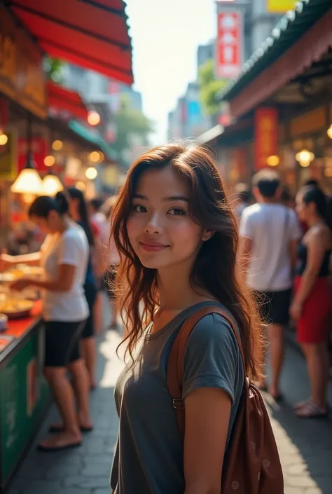 /imagine prompt: A high-resolution, ultra-realistic image of a vibrant pedestrian market in Thailand. The market is alive with activity, featuring food stalls on both sides, where chefs are busy cooking and preparing traditional dishes. Colorful signs and ...