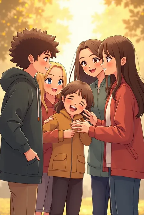 Friends group with only one boy and 5 girls. This boy is curly hair and fair in complexion. One girl has a long hair and she is tall. The eldest girl is fair in complexion and she has a mole in her face. Make this group .