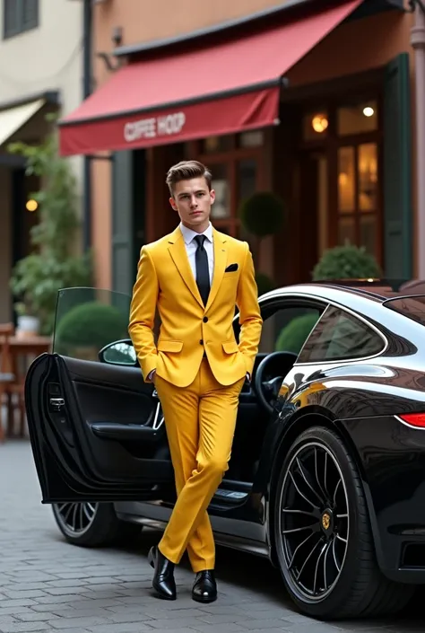 a young man， 2, in a yellow suit, smart, in front of a coffee shop in the small old town, next to a car, open the car door, black car, Porsche 911, high resolution, 4K