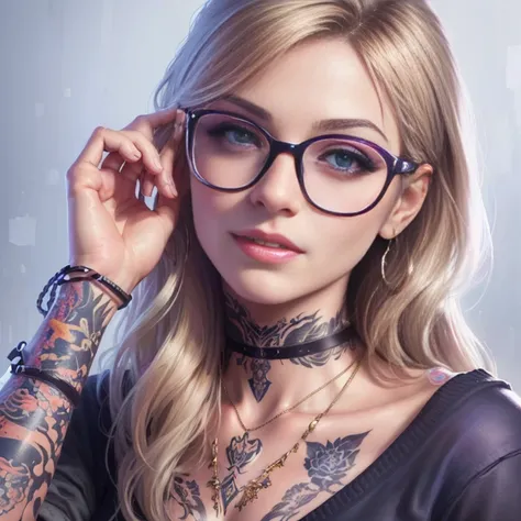 A woman with tattoos and glasses on her arm, realistic art style, realistic art style, realism artstyle, realistic digital art 4k, realistic digital art 4 k, Arte Digital, high-detailed, Detailed character portrait, 8k high quality, Detailed art, epic port...