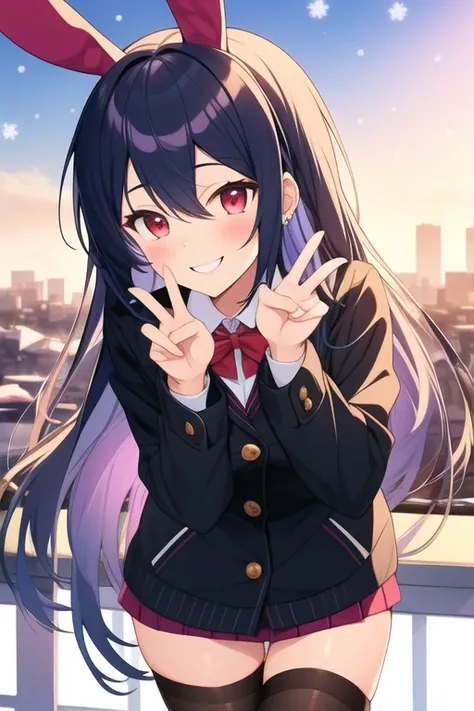 A cute girl with long dazzling indigo hair and piecing deep red eyes color wearing winter school clothes with long black stockings while smiling on school rooftop doing bunny ear pose