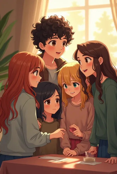 Friends group with only 1 boy and 5 girls. This boy is curly hair and fair in complexion. One girl has a long hair and she is tall. The eldest girl is fair in complexion and she has a mole in her face. Make this group .