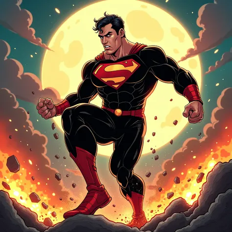 “An intense and colorful comic-style scene with a dynamic superhero, wearing a black and red superman suit.The background features a full moon, fiery explosions,a vivid, action-packed atmosphere. The style is bold, energetic, and emphasizes exaggerated fac...