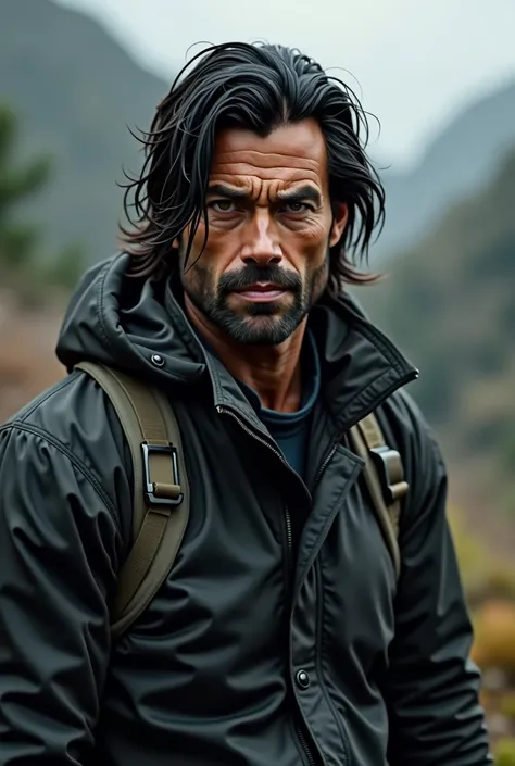 A man with medium length black hair, dark shaped eyes, serious face, and black adventure clothing, sem beard 