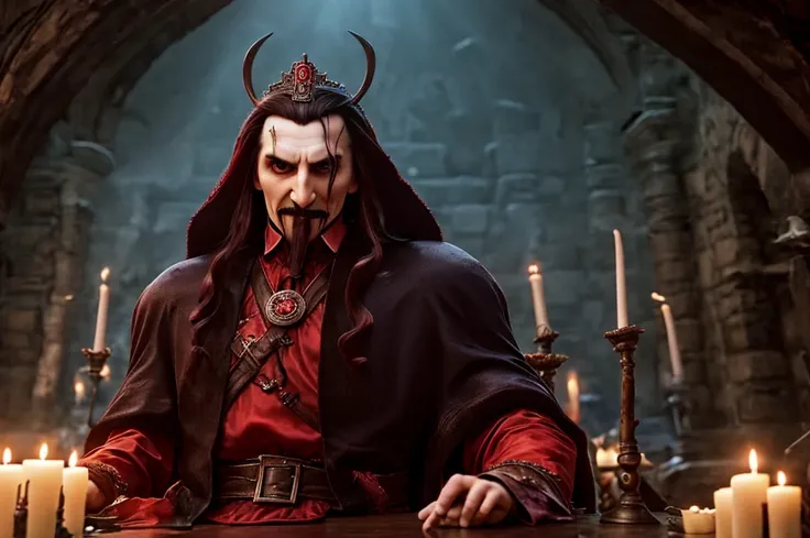 vlad dracula evil dressed as a king with impaled corpses in the background