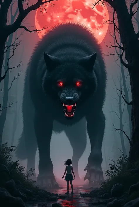 A girl is in the horrible jungle at night the trees looks quite old the moon is red suddenly a black, gaint, horrible wolf come in front of her