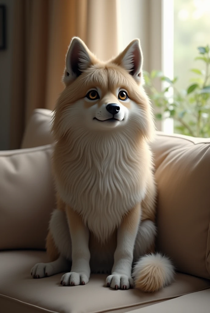 Uma furry lobo, sitting on a couch looking up, with long, straight hair with bangs 