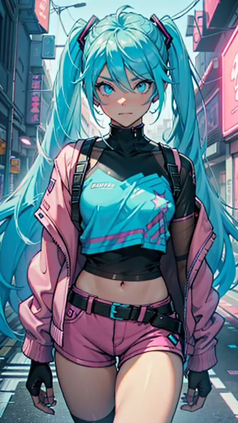 1 girl, v tuber, shiny eyes,  pink jacket, cyan t shirt  blue shorts, hd scenery,  8k edit, best best quality,   cute, nice, elegant,  high efficiency,  best quality neon lighs, cyberpunk, Hatsune Miku, blue eyes futuristic,shadows, ,  EL_type1,close-up,cr...