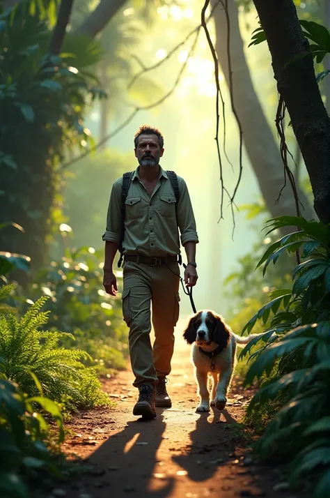 Man walking with his cocker spaniel in the jungle