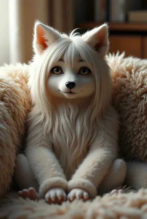 Uma furry lobo, sitting on a couch looking up, with long, straight hair with bangs 