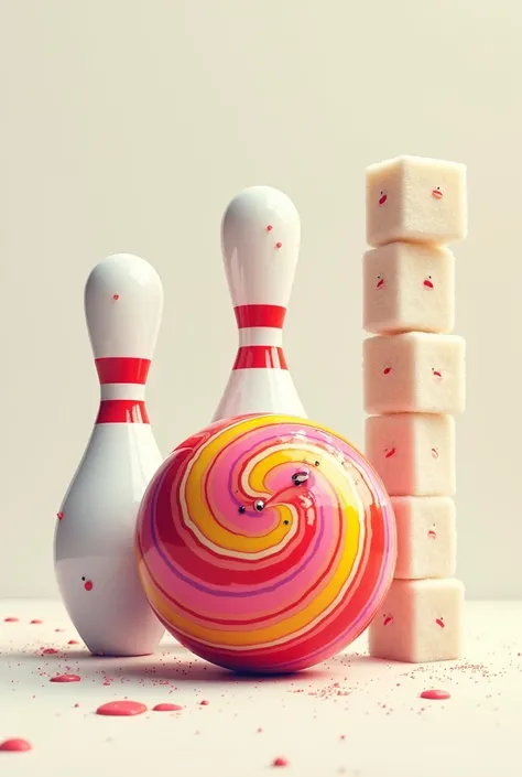 A bowling-themed design where the lollipop is the bowling ball, and sugar cubes are the pins, with the tagline: "Knocking down sugar... because its sugar-free!"