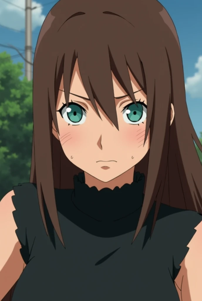 naruto shipped screen cap of a female straight brown hair WITHOUT bangs , tanned skin color, wearing a black top , with green-blueish eye color 