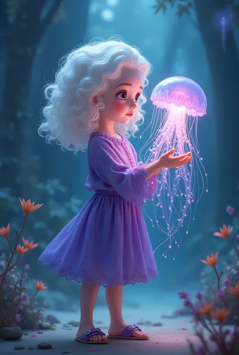 A girl dressed in a purple outfit holds a jellyfish on her hand.On her feet are sandals. Hair curly white color 