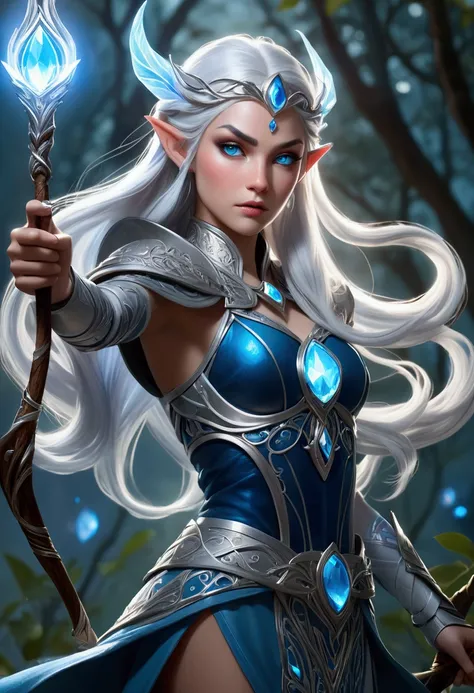 The image features a mystical elven archer character with an elegant and fierce appearance. She has long, flowing silver hair that glows under the moonlight, and pointed ears that enhance her elven nature. The character is wearing an elaborate outfit with ...