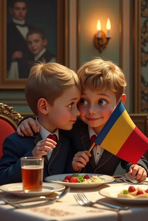 2 cousins sit on the Titanic and carry the Romanian flag on them and eat, one is  and older and the other is ,They are both boys and they are children

