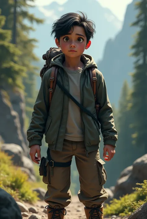 A young man with dark hair, black eyes he is american, wear an adventure outfit 