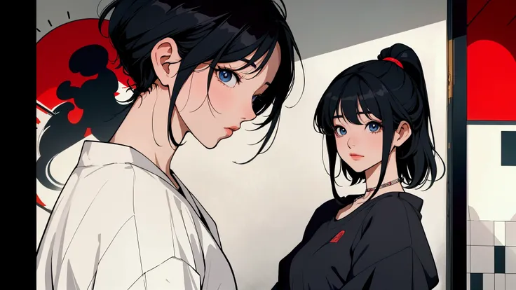 imagine prompt: Viral anime wallpaper in 4K quality, a Korean woman with short black hair, with detailed background, showing from the waist up, calmer light, with well-defined light and shadow, reflecting an 80s and 90s anime aesthetic. The girl has beauti...