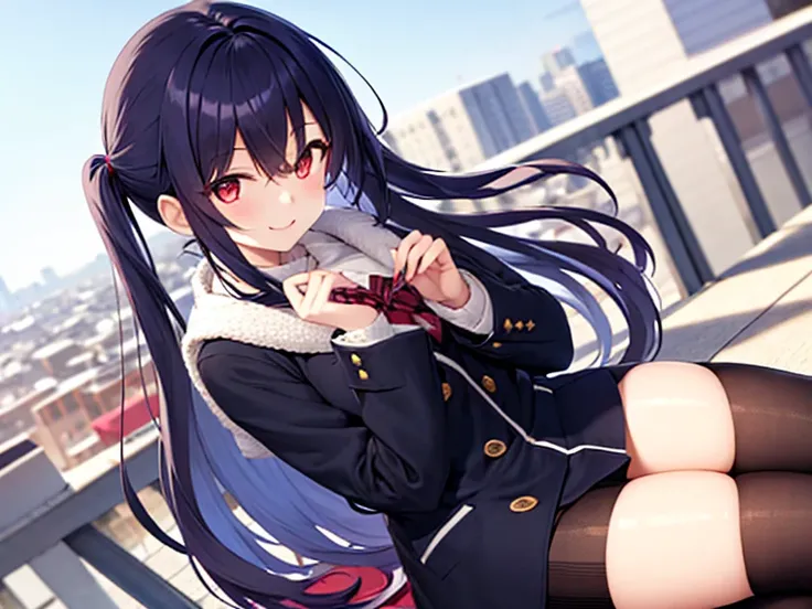 A cute girl with long dazzling indigo hair and piecing deep red eyes color wearing winter school clothes with long black stockings while smiling on school rooftop