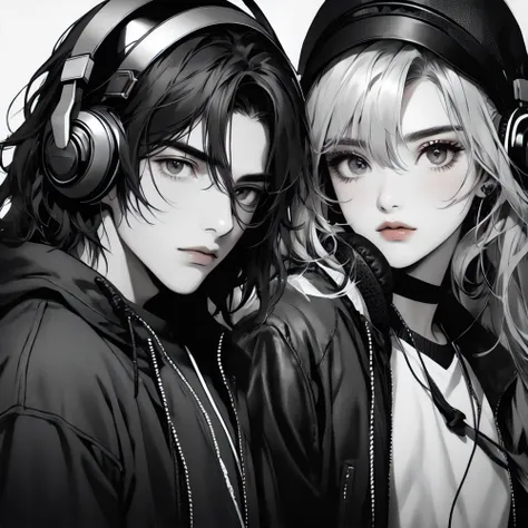 1boy, and, 1girl,Headphones, 