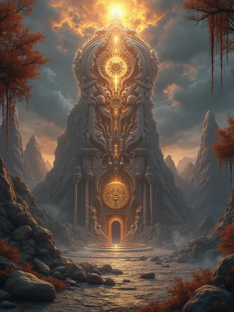 Highly detailed mythological fantasy book cover background in warm tones, featuring ancient symbol amidst a vast, mystical landscape. The environment is textured with cracked stone, overgrown vines, and intricate carvings. A glowing, golden sky casts an et...